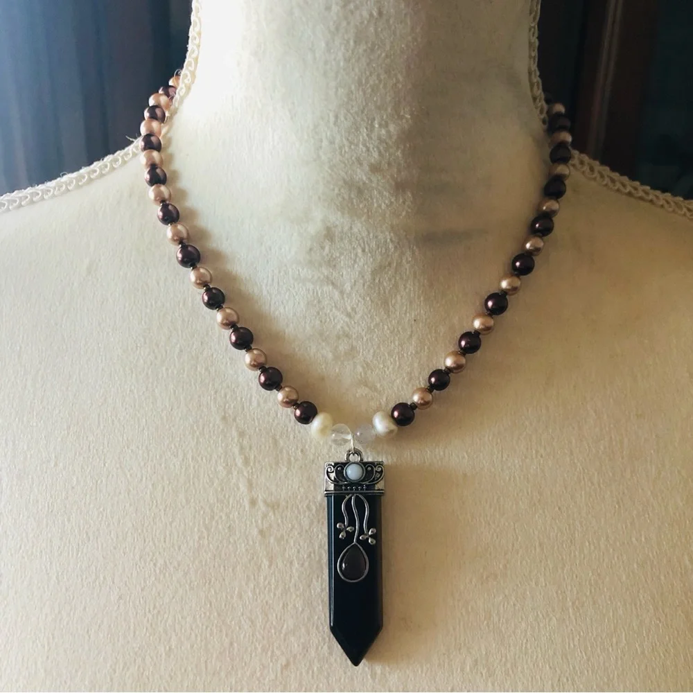 Handcrafted repurpose Tiger eye stone pendant Czech glass Pearl necklace